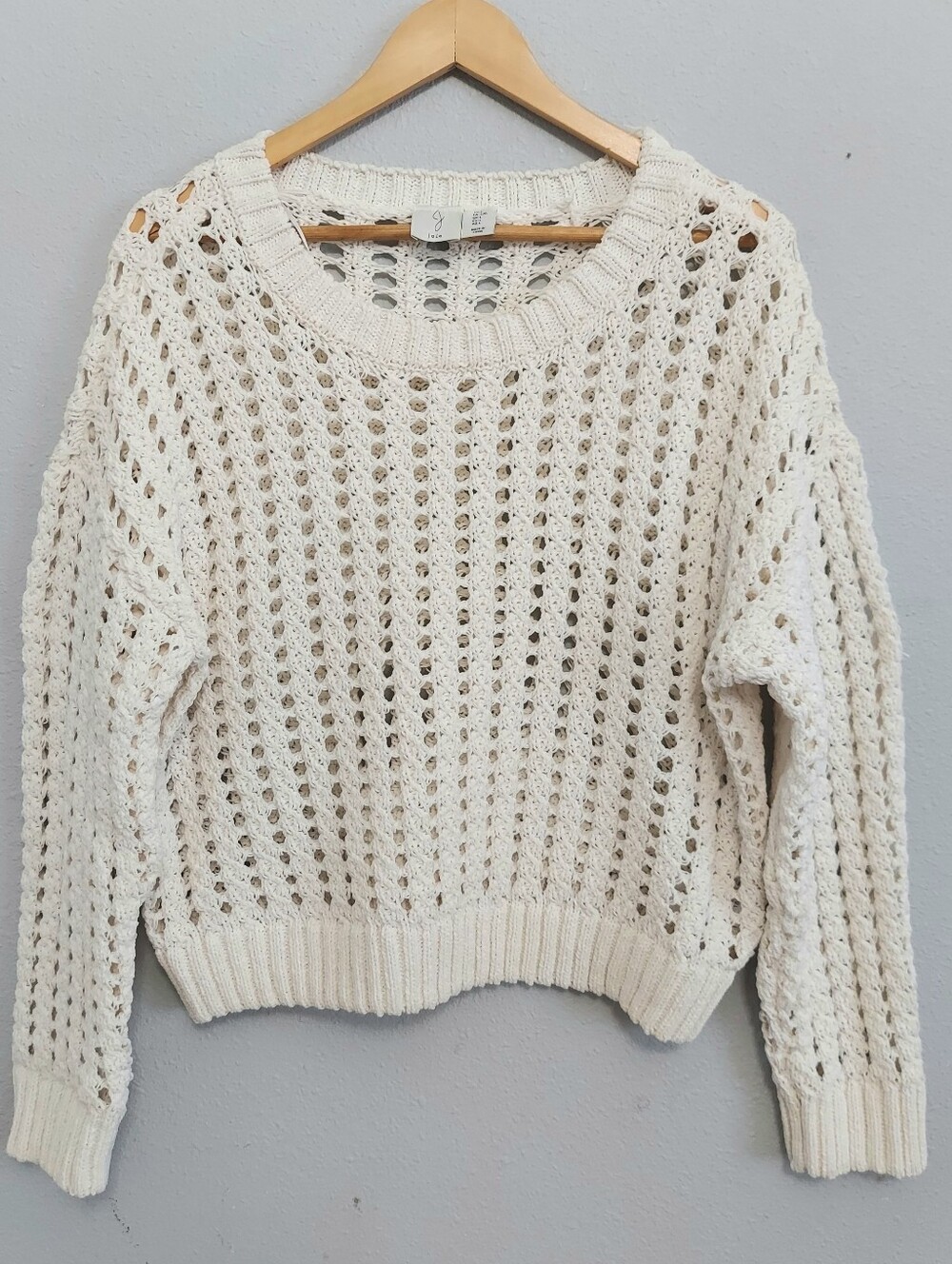 Joie Open Knit Crochet Crew Neck Long Sleeve Sweater Ivory L Coastal Grandma